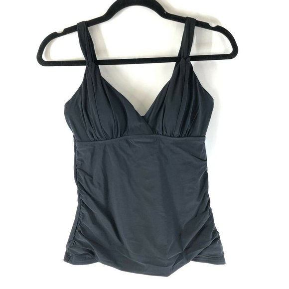 Lands End Tankini Top Molded Cups Tummy Control Ruched V Neck Black Size 6 - Picture 1 of 3